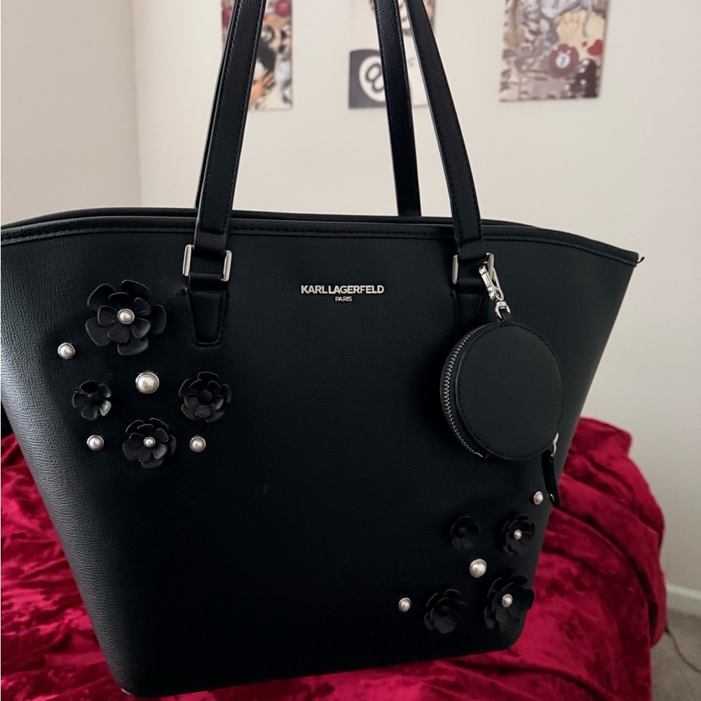 Karl Lagerfeld Black Tote with Floral Accents